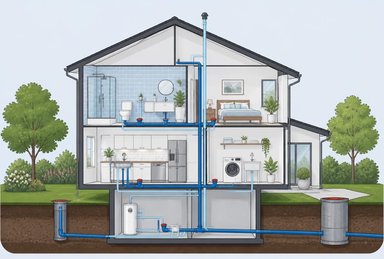 Schnittdarstellung eines Abwasser-Rohrleitungssystems im Haus