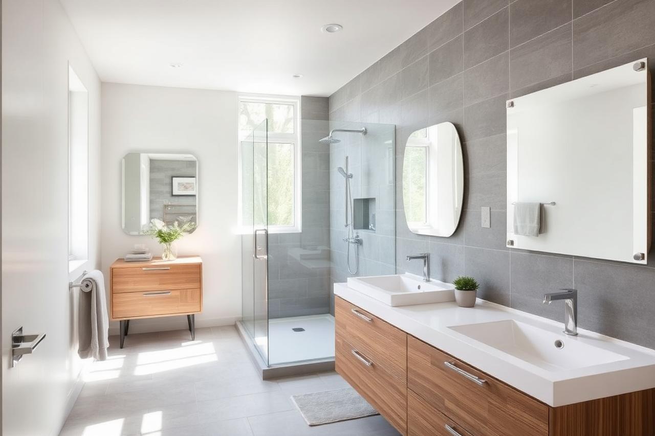 Modernes Badezimmer mit Walk-in-Dusche und Doppelwaschtisch